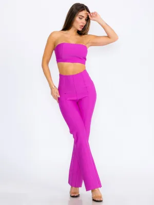 WOMEN'S SLEEVELESS CROP TOP & ZIP UP BELL LEG PANTS BANDAGE 2PC.SET