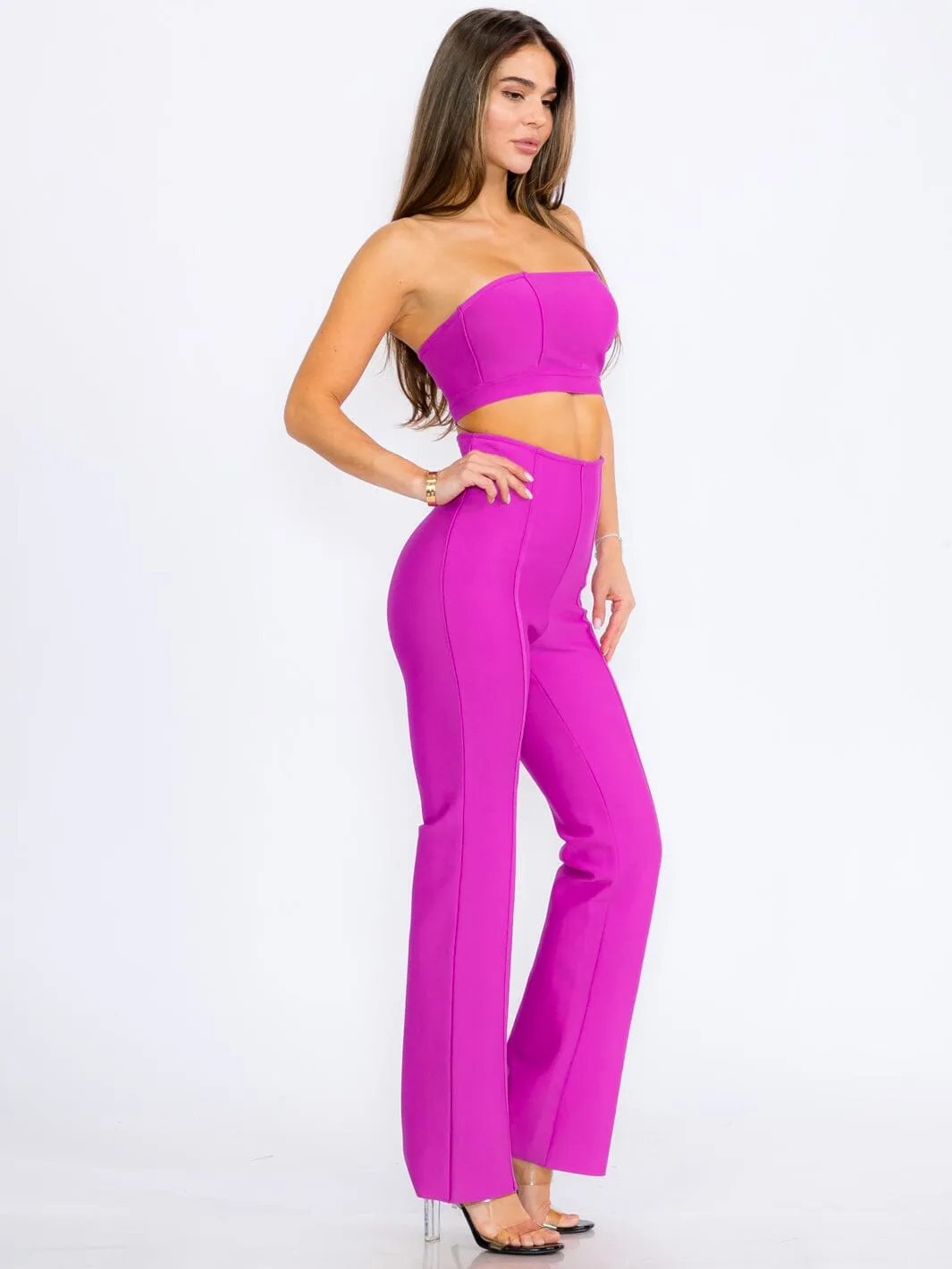 WOMEN'S SLEEVELESS CROP TOP & ZIP UP BELL LEG PANTS BANDAGE 2PC.SET