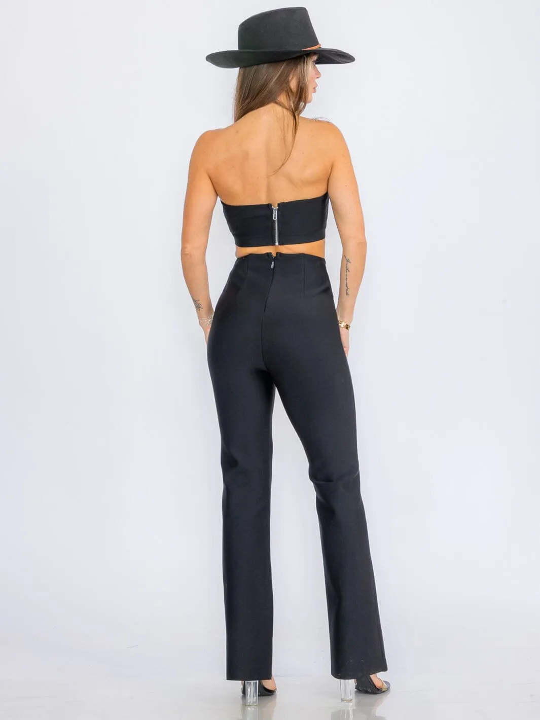 WOMEN'S SLEEVELESS CROP TOP & ZIP UP BELL LEG PANTS BANDAGE 2PC.SET