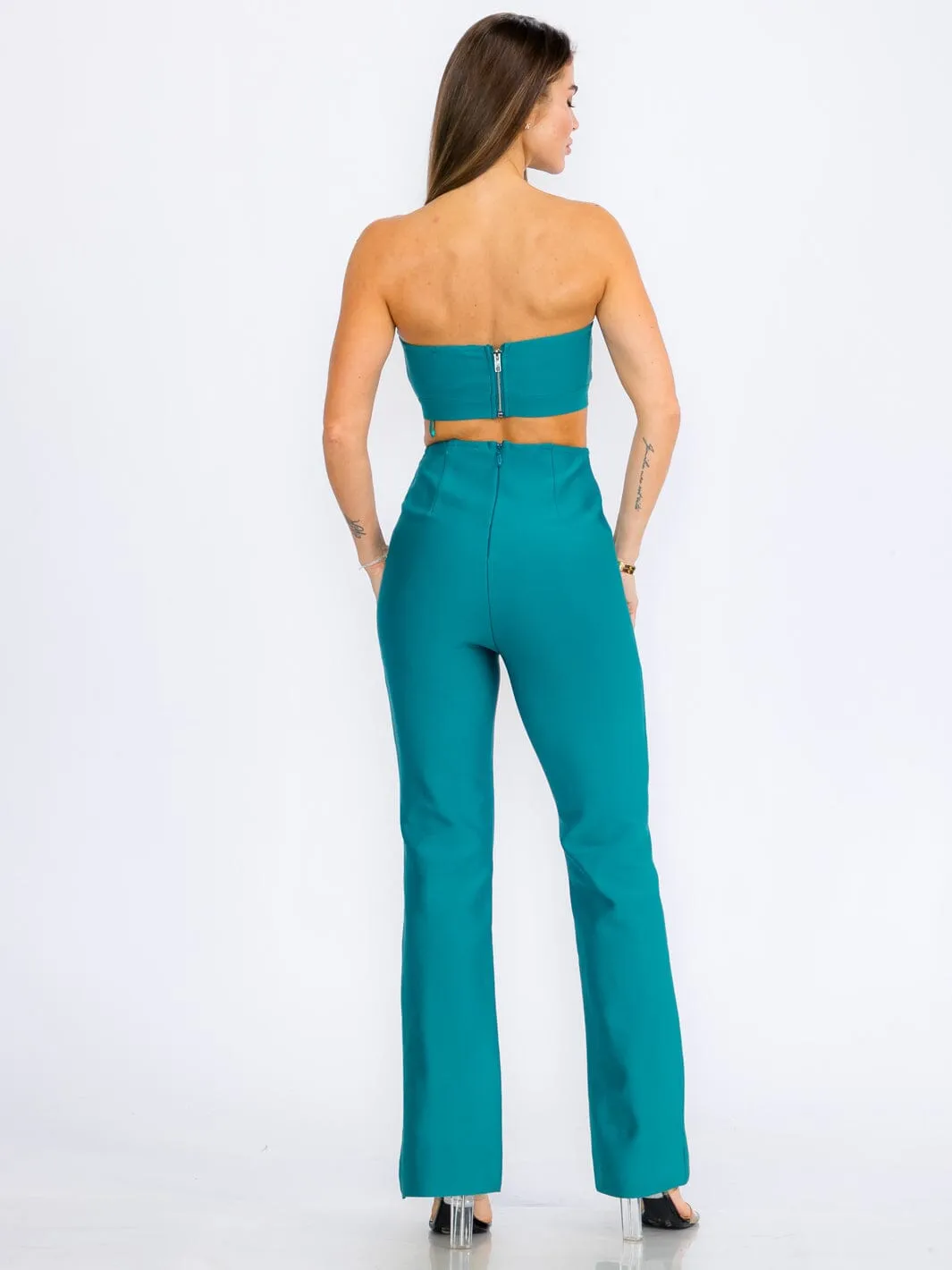 WOMEN'S SLEEVELESS CROP TOP & ZIP UP BELL LEG PANTS BANDAGE 2PC.SET