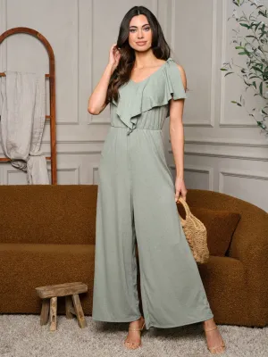 WOMEN'S SLEEVELESS V-NECK RUFFLE JUMPSUIT
