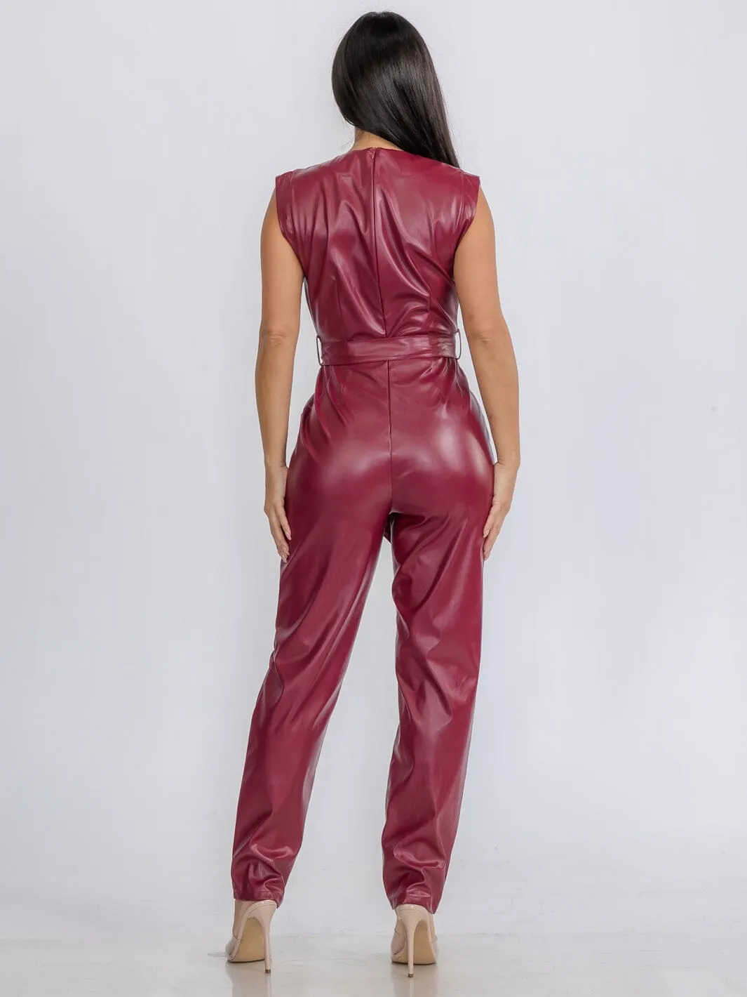 WOMEN'S SLEEVELESS V-NECK SELF TIE POCKETS SKINNY LEG PU PLEATHER JUMPSUIT