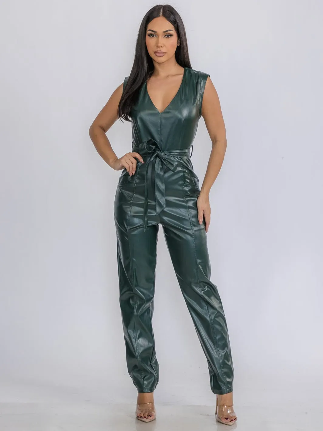 WOMEN'S SLEEVELESS V-NECK SELF TIE POCKETS SKINNY LEG PU PLEATHER JUMPSUIT