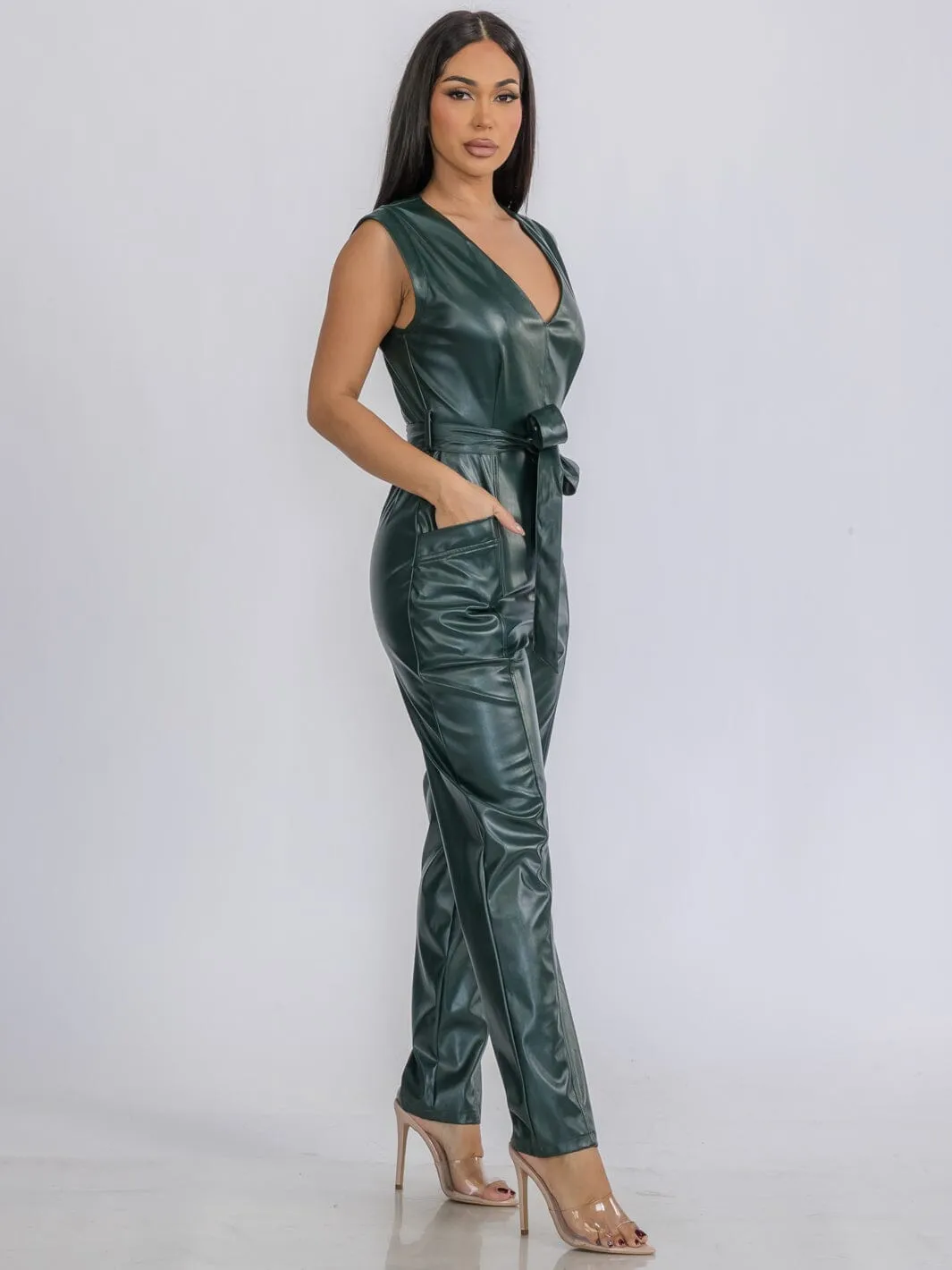 WOMEN'S SLEEVELESS V-NECK SELF TIE POCKETS SKINNY LEG PU PLEATHER JUMPSUIT