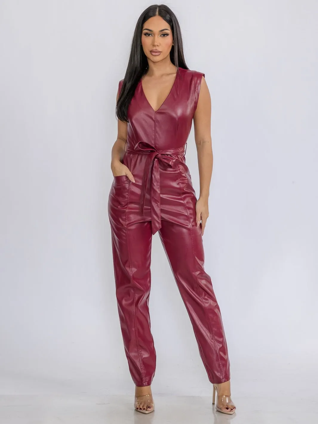 WOMEN'S SLEEVELESS V-NECK SELF TIE POCKETS SKINNY LEG PU PLEATHER JUMPSUIT