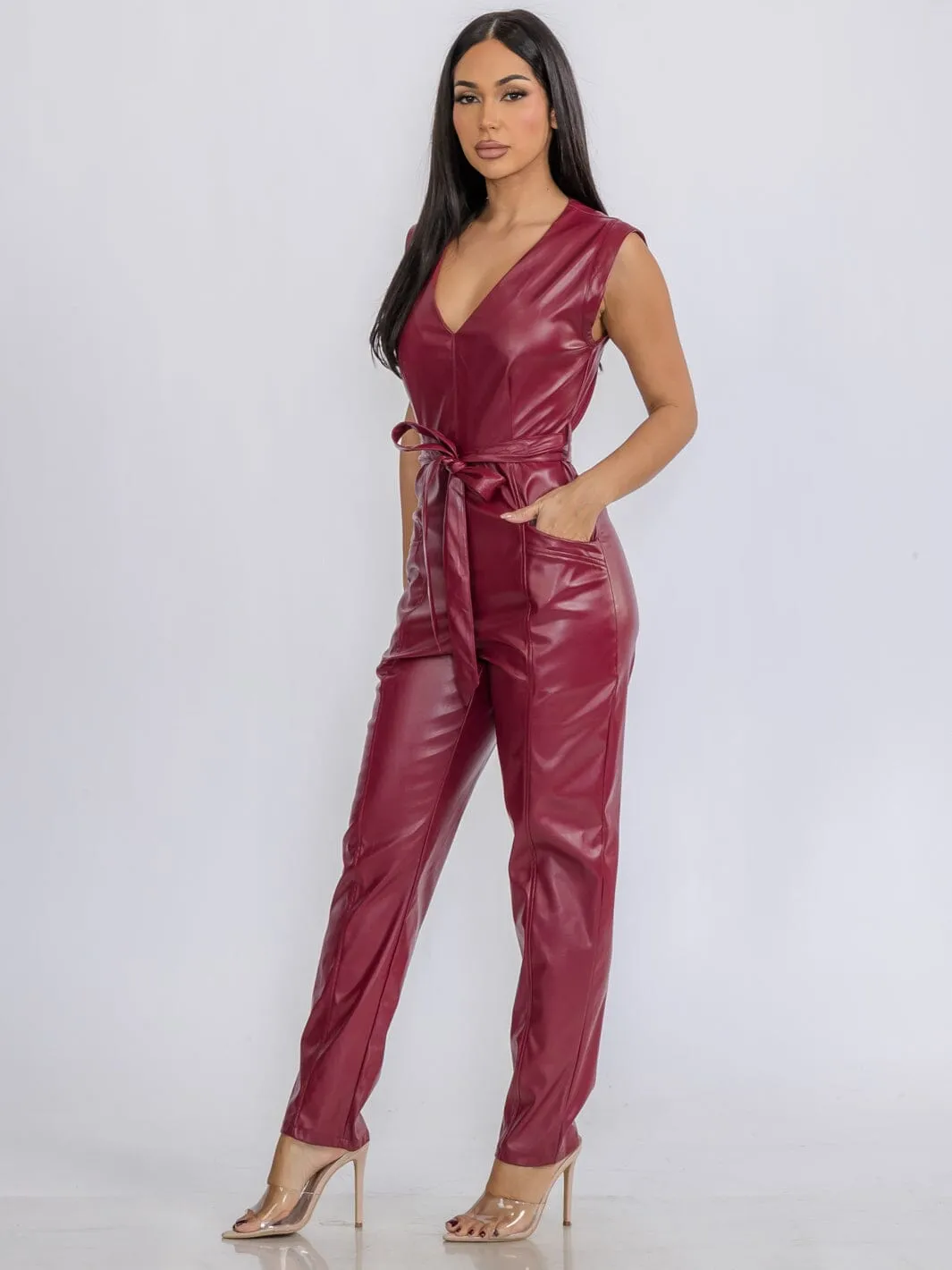 WOMEN'S SLEEVELESS V-NECK SELF TIE POCKETS SKINNY LEG PU PLEATHER JUMPSUIT
