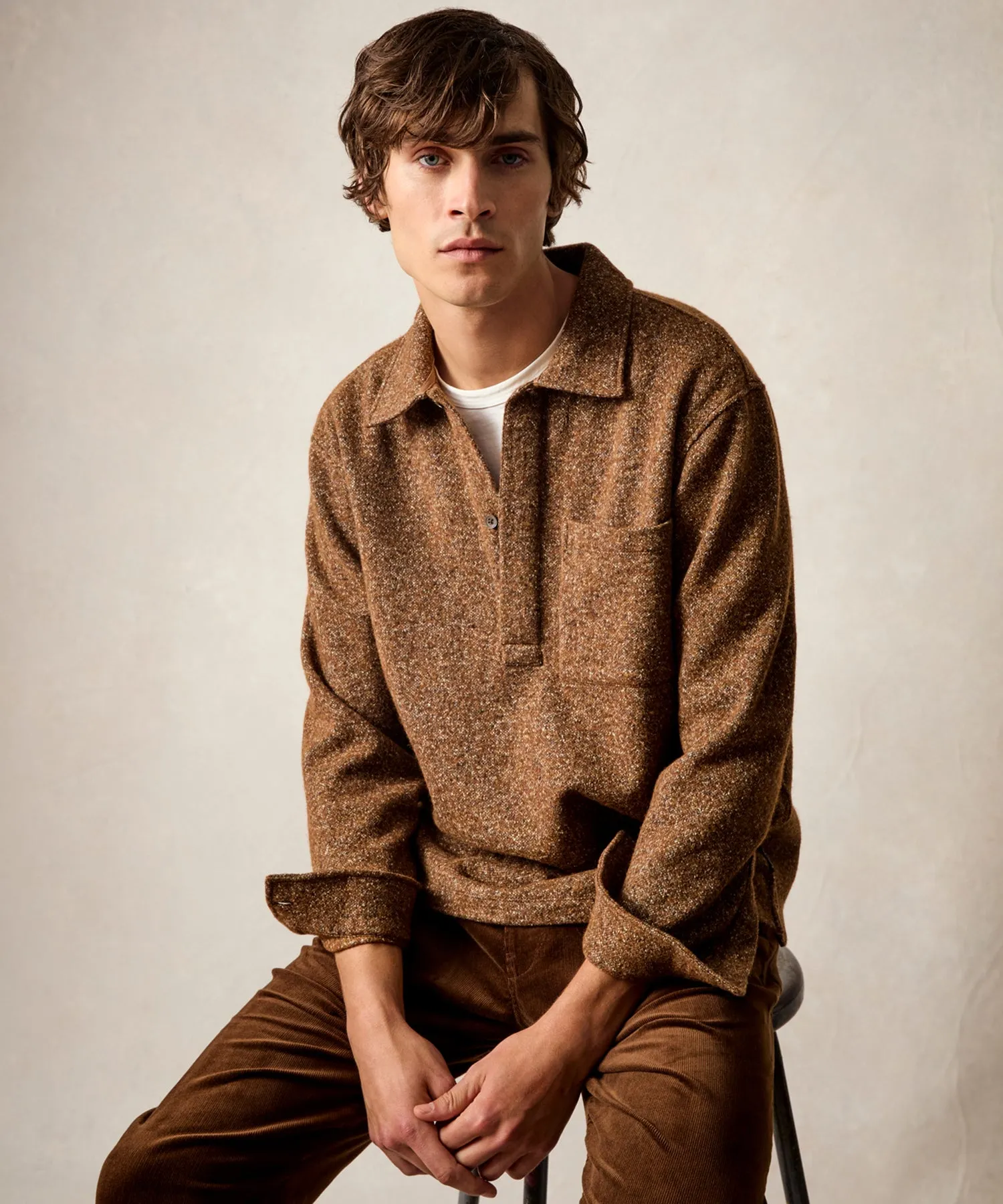 Wool-Silk Knit Polo in Leather Brown