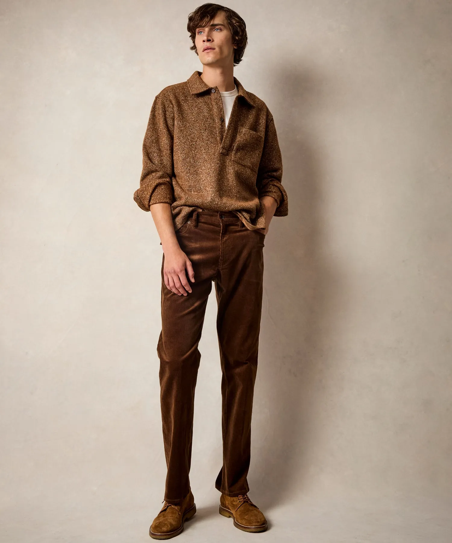 Wool-Silk Knit Polo in Leather Brown