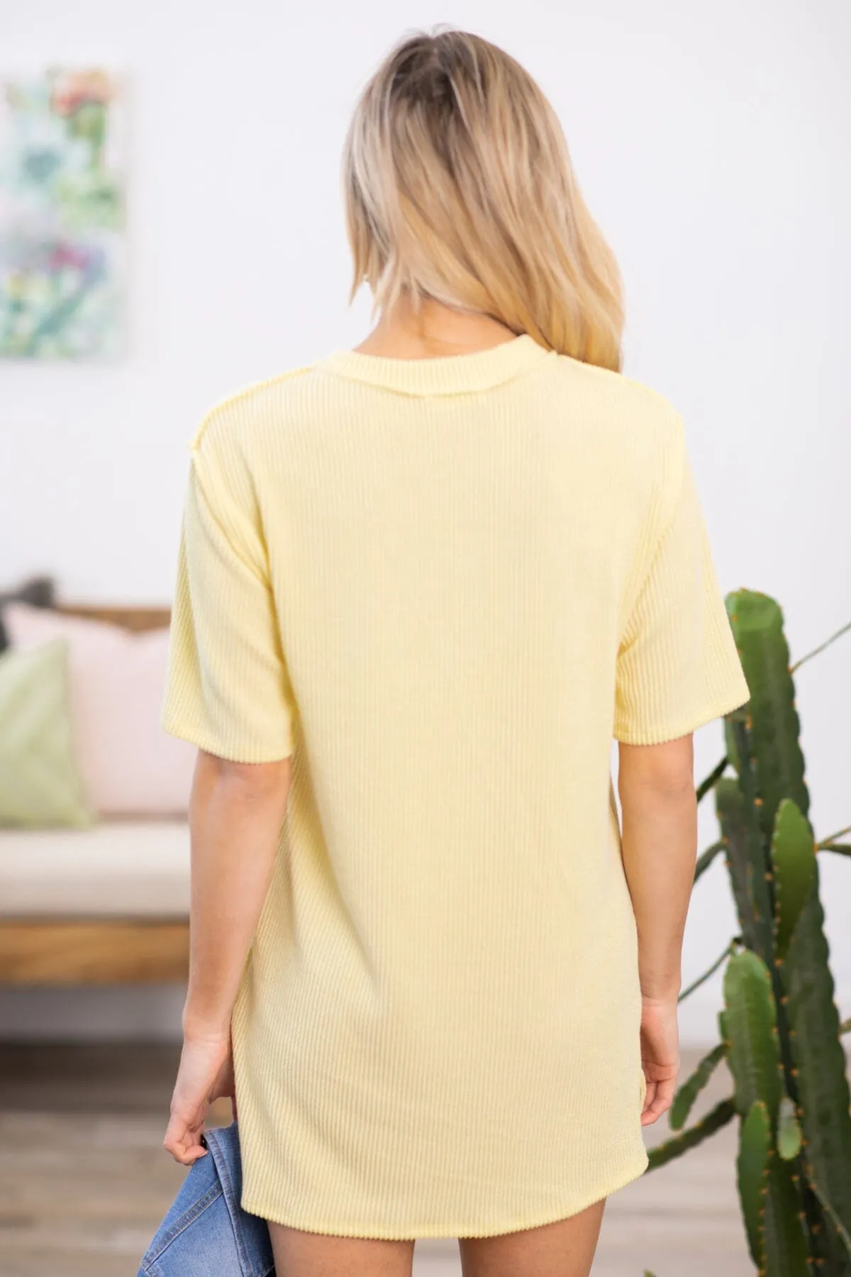 Yellow Ribbed Knit V-Neck T-Shirt Dress