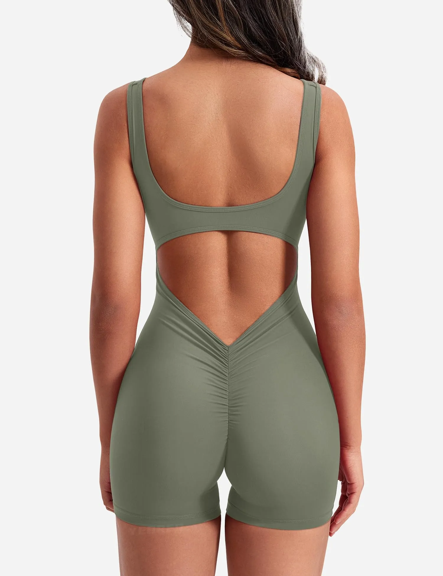YEOREO One Piece Workout Jumpsuits for Women Backless Tummy Control Sleeveless Jumpsuits Lizvette V Back Scrunch Yoga Romper Green