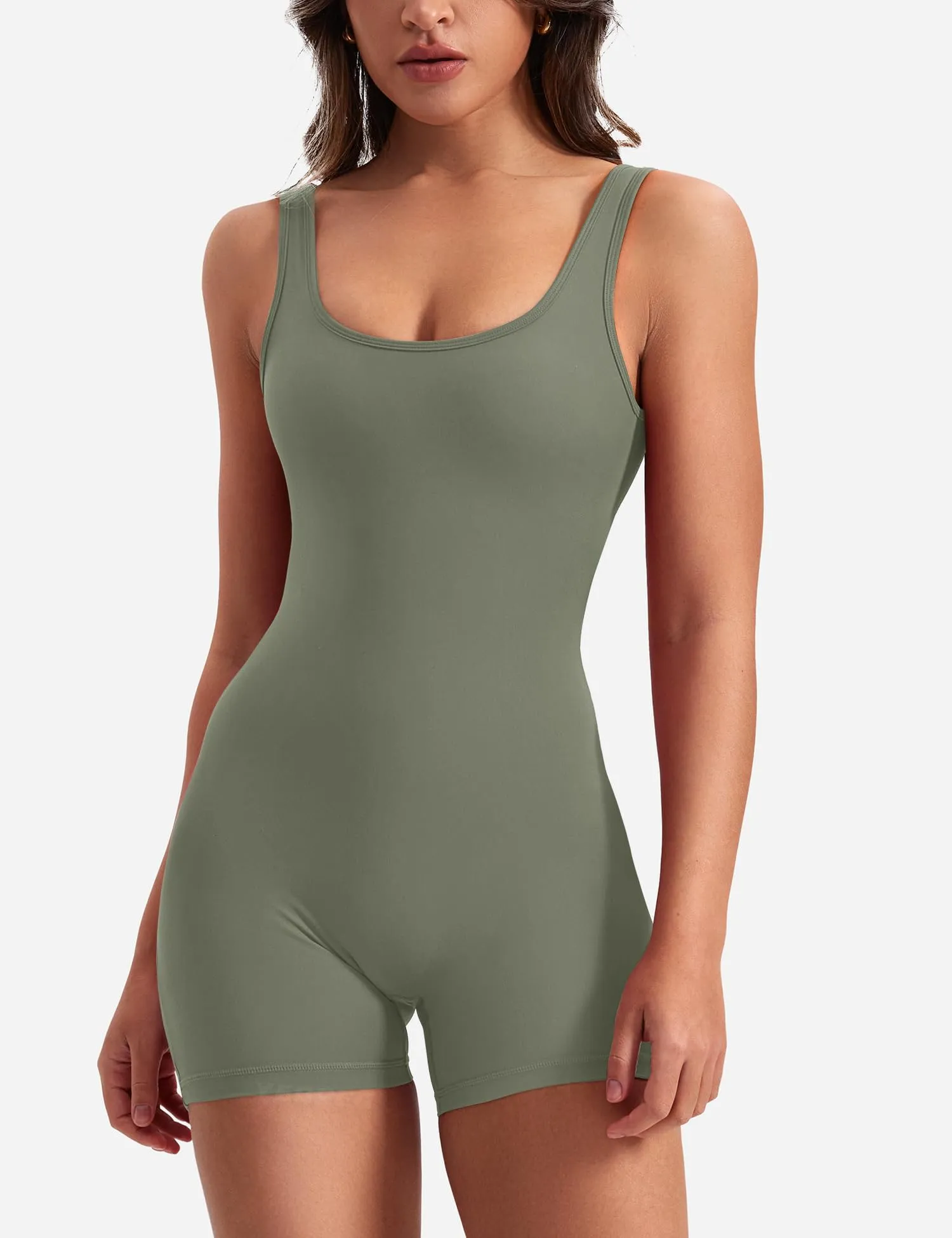 YEOREO One Piece Workout Jumpsuits for Women Backless Tummy Control Sleeveless Jumpsuits Lizvette V Back Scrunch Yoga Romper Green