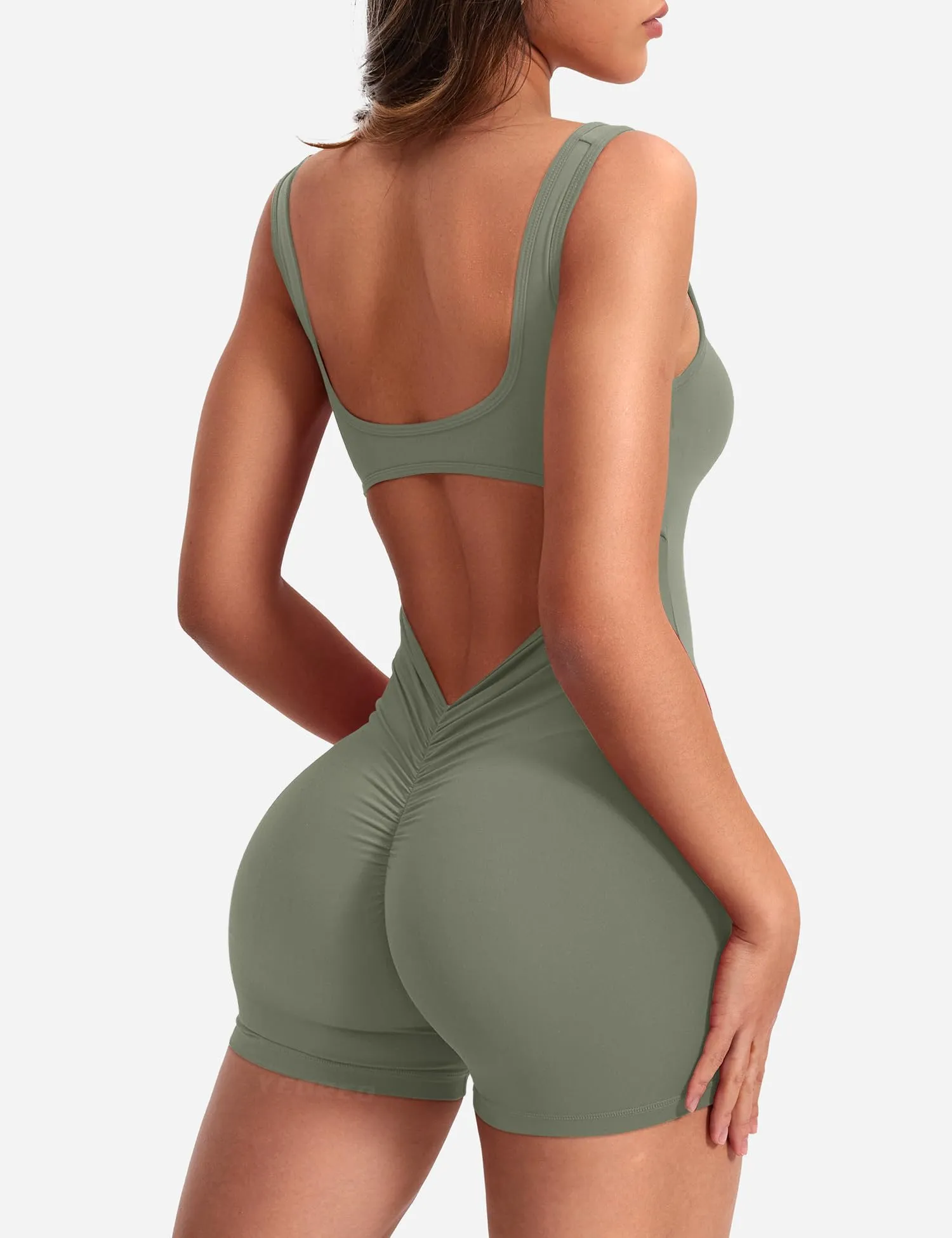 YEOREO One Piece Workout Jumpsuits for Women Backless Tummy Control Sleeveless Jumpsuits Lizvette V Back Scrunch Yoga Romper Green